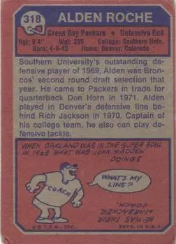 1973 Topps #318 - Alden Roche - Green Bay Packers - Back