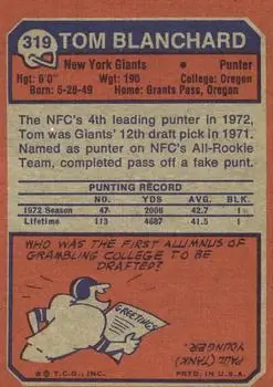 1973 Topps #319 - Tom Blanchard - New York Giants 1973 Topps #319 - Tom Blanchard - New York Giants