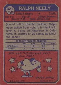 1973 Topps #321 - Ralph Neely - Dallas Cowboys - Back