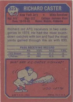 1973 Topps #323 - Richard Caster - New York Jets - Back