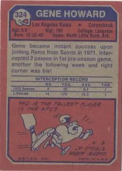 1973 Topps #324 - Gene Howard - Los Angeles Rams - Back