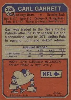 1973 Topps #326 - Carl Garrett - Chicago Bears - Back 1973 Topps #326 - Carl Garrett - Chicago Bears - Back