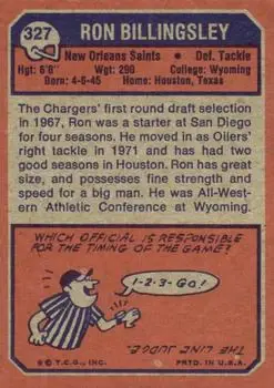 1973 Topps #327 - Ron Billingsley - New Orleans Saints - Back