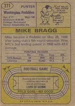 1974 Topps #371 - Mike Bragg - Washington Redskins 1974 Topps #371 - Mike Bragg - Washington Redskins