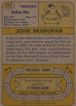 1974 Topps #372 - John Skorupan - Buffalo Bills - Back