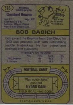 1974 Topps #376 - Bob Babich - Cleveland Browns - Back 1974 Topps #376 - Bob Babich - Cleveland Browns - Back