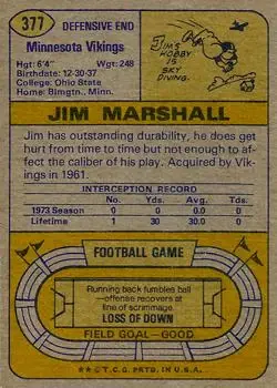 1974 Topps #377 - Jim Marshall - Minnesota Vikings - Back