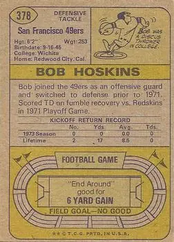 1974 Topps #378 - Bob Hoskins - San Francisco 49ers - Back