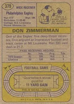 1974 Topps #379 - Don Zimmerman - Philadelphia Eagles - Back 1974 Topps #379 - Don Zimmerman - Philadelphia Eagles - Back
