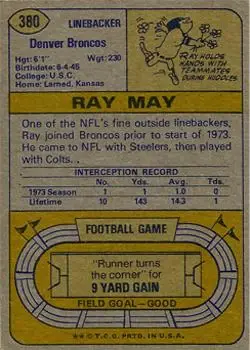 1974 Topps #380 - Ray May - Denver Broncos - Back