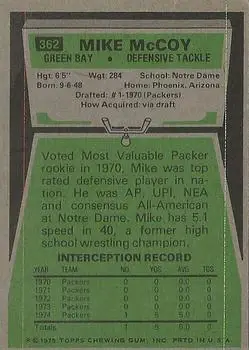 1975 Topps #362 - Mike McCoy - Green Bay Packers - Back 1975 Topps #362 - Mike McCoy - Green Bay Packers - Back