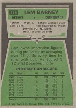 1975 Topps #365 - Lem Barney - Detroit Lions - Back