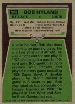 1975 Topps #368 - Bob Hyland - New York Giants - Back