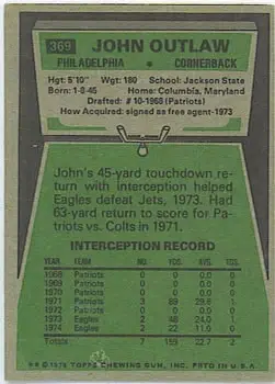 1975 Topps #369 - John Outlaw - Philadelphia Eagles - Back