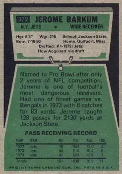 1975 Topps #372 - Jerome Barkum - New York Jets 1975 Topps #372 - Jerome Barkum - New York Jets