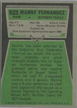 1975 Topps #378 - Manny Fernandez - Miami Dolphins - Back