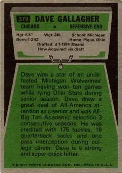 1975 Topps #379 - Dave Gallagher - Chicago Bears - Back