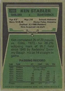 1975 Topps #380 - Ken Stabler - Oakland Raiders - Back 1975 Topps #380 - Ken Stabler - Oakland Raiders - Back