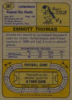 1974 Topps #381 - Emmitt Thomas - Kansas City Chiefs - Back 1974 Topps #381 - Emmitt Thomas - Kansas City Chiefs - Back