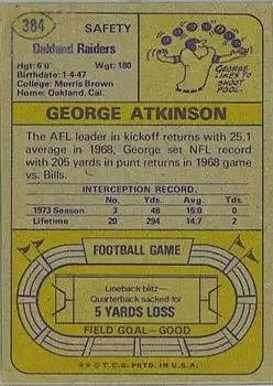 1974 Topps #384 - George Atkinson - Oakland Raiders - Back 1974 Topps #384 - George Atkinson - Oakland Raiders - Back