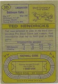 1974 Topps #385 - Ted Hendricks - Baltimore Colts