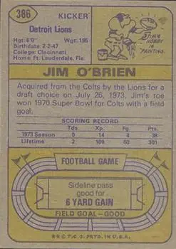 1974 Topps #386 - Jim O'Brien - Detroit Lions - Back 1974 Topps #386 - Jim O'Brien - Detroit Lions - Back