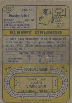 1974 Topps #388 - Elbert Drungo - Houston Oilers - Back