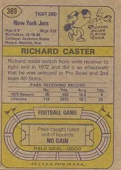1974 Topps #389 - Richard Caster - New York Jets - Back