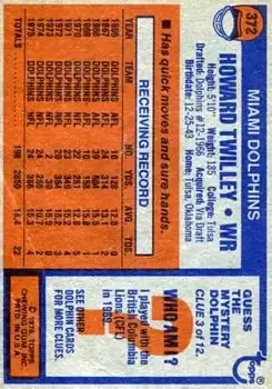 1976 Topps #372 - Howard Twilley - Miami Dolphins - Back 1976 Topps #372 - Howard Twilley - Miami Dolphins - Back