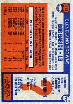 1976 Topps #374 - Bob Babich - Cleveland Browns - Back 1976 Topps #374 - Bob Babich - Cleveland Browns - Back
