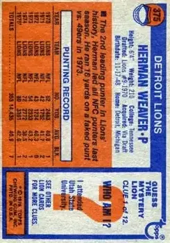 1976 Topps #375 - Herman Weaver - Detroit Lions - Back