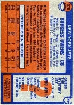 1976 Topps #378 - Burgess Owens - New York Jets - Back 1976 Topps #378 - Burgess Owens - New York Jets - Back