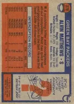 1976 Topps #379 - Al Matthews - Green Bay Packers - Back