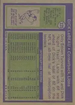 1972 Topps #335 - Dick LeBeau - Detroit Lions - Back