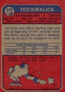 1973 Topps #330 - Ted Kwalick - San Francisco 49ers - Back