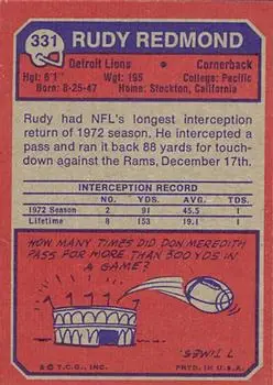 1973 Topps #331 - Rudy Redmond - Detroit Lions - Back