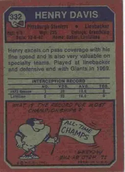 1973 Topps #332 - Henry Davis - Pittsburgh Steelers - Back