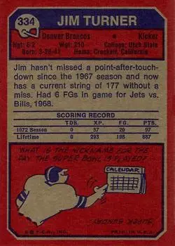 1973 Topps #334 - Jim Turner - Denver Broncos - Back 1973 Topps #334 - Jim Turner - Denver Broncos - Back