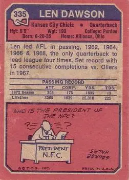 1973 Topps #335 - Len Dawson - Kansas City Chiefs - Back