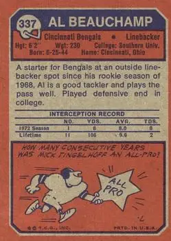 1973 Topps #337 - Al Beauchamp - Cincinnati Bengals - Back 1973 Topps #337 - Al Beauchamp - Cincinnati Bengals - Back
