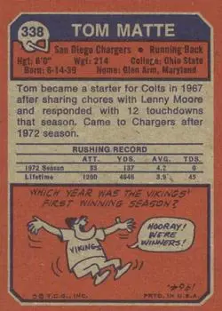 1973 Topps #338 - Tom Matte - San Diego Chargers