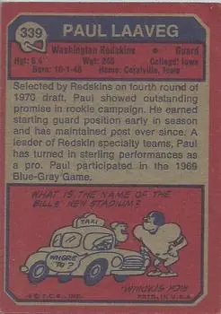 1973 Topps #339 - Paul Laaveg - Washington Redskins - Back