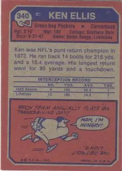 1973 Topps #340 - Ken Ellis - Green Bay Packers - Back 1973 Topps #340 - Ken Ellis - Green Bay Packers - Back
