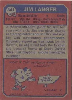 1973 Topps #341 - Jim Langer - Miami Dolphins - Back