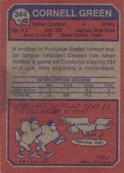 1973 Topps #344 - Cornell Green - Dallas Cowboys - Back