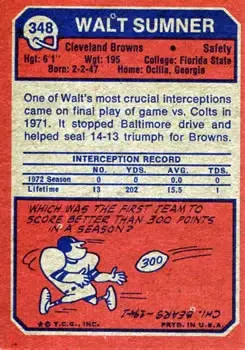 1973 Topps #348 - Walt Sumner - Cleveland Browns - Back