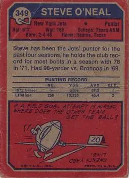 1973 Topps #349 - Steve O'Neal - New York Jets - Back