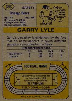 1974 Topps #393 - Garry Lyle - Chicago Bears - Back