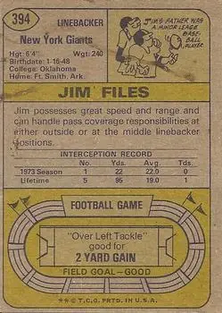 1974 Topps #394 - Jim Files - New York Giants - Back 1974 Topps #394 - Jim Files - New York Giants - Back