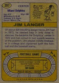 1974 Topps #397 - Jim Langer - Miami Dolphins - Back 1974 Topps #397 - Jim Langer - Miami Dolphins - Back